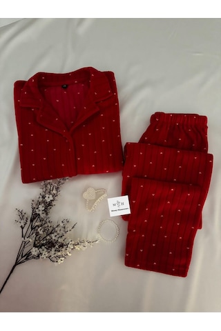 Mh Moony Homewears 2'li Kırmızı Kalpli Kışlık Termal Polar Sevgililer Günü Hediyesi Pijama Takımı Kırmızı