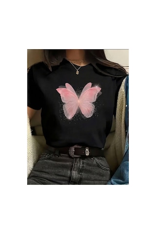 Pembe Kelebek Desenli Baskılı Kompakt T-shirt Siyah