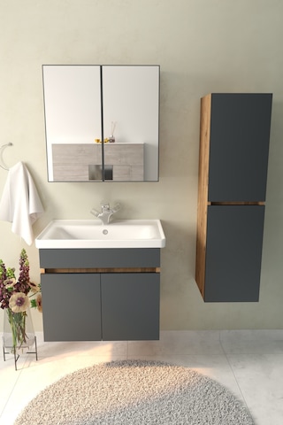 Makbulce Tokyo Havlu Dolaplı 65cm Seramik Lavabolu Mdf Aynalı Banyo Dolabı-atlantik Çam&antrasit Gri Antrasit Gri - Atlantik Çam