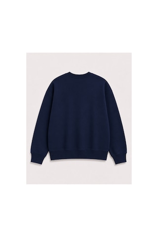 Herkesemoda Turuncu Çiçekler Baskılı 2 İplik Şardonlu Bisiklet Yaka Sweatshirt Lacivert
