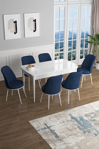 Canisa Han Serisi 70x114 Açılabilir Mdf Mutfak Masası Takımı Beyaz Masa 6 Lacivert Sandalye Masa Beyaz Sandalyeler Lacivert