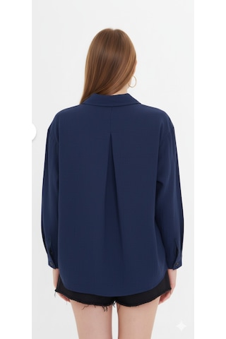 Kadın Oversize Basic Cepli Müslin Gömlek Lacivert