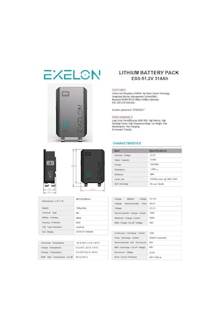Exelon 51.2 V 314 Ah 16 Kw Lifepo4 Lityum Akü