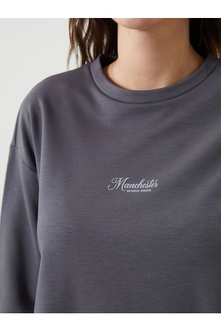 LC Waikiki Lcw Vision Antrasit Bisiklet Yaka Baskılı Oversize Kadın Sweatshirt Açık Kahverengi