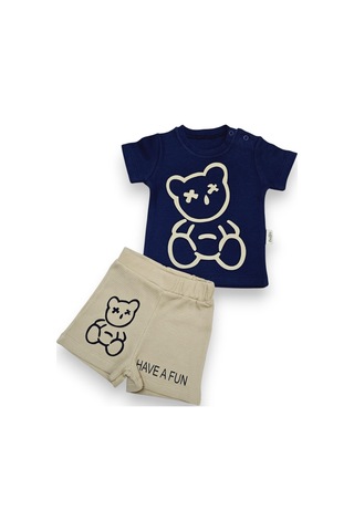 Ayıcık Desenli Erkek Bebek Şortlu Takım Lacivert