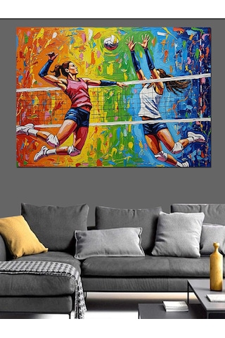 Kadınlar Voleybol Maçı Smaç Ve Blok Dekoratif Kanvas - Mdf Ahşap Tablo