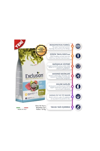 Exclusion Monoprotein Düşük Tahıllı Ton Balıklı ve Narlı Orta Irk Yavru Köpek Maması 12 KG
