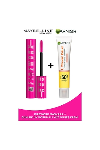 Maybelline New York Lash Sensational Firework Maskara + Garnier C Vitamini Parlak Günlük Uv Korumalı Güneş Yüz Kremi SPF50+ 40 ML