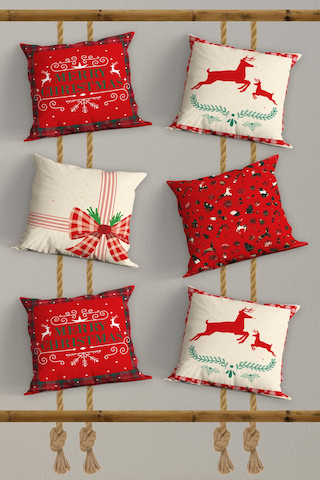 Belle Benoit Yılbaşı Baskılı Dekoratif 6'lı Koltuk Kırlent Kılıfı Kırmızı - Beyaz
