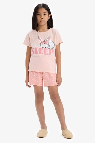 DeFacto   Kız Çocuk Pijama Takımı Baskılı Kısa Kollu Üst Esnek Belli Şort E6227A825HSPN212 Pembe