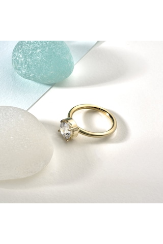 14 Ayar Altın Kaplama Yuvarlak Kesim Tektaş Gümüş Yüzük - Rs00103 Altın