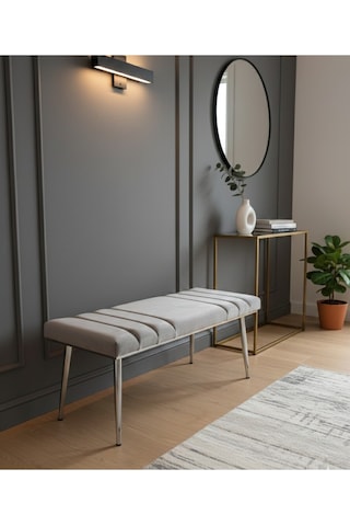 Özcan Metal Krom Metal Ayaklı Metal Kasalı Bench Mutfak Salon Antre Yatak Odası Balkon Puf Bank Gri