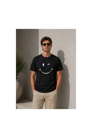 Butik İstanbul Erkek Minimal Gülümseyen Yüz Baskılı Tişört Kısa Kol Yazlık T-shirt - Siyah