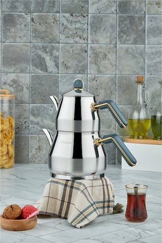 Everest 18/10 Paslanmaz Çelik Orta Boy Çaydanlık 0,75 L Demlik 1,75 L Alt Hazne Yeşil