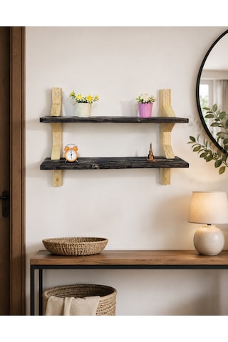 Modern 2 Katlı Ahşap Duvar Rafı Dekoratif Masif Ahşap Kitaplık Ve Duvar Rafı Siyah