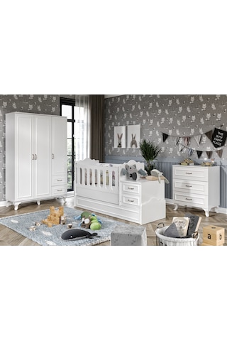 KznHome Kartopu Country Tarzı Bebek Odası Takımı - 3 Parçalı Tamamı MDF Beyaz