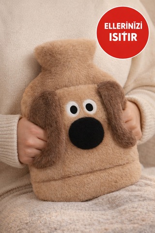 Kahverengi Gromit Figürlü Eldivenli Sıcak Su Torbası Peluş Kılıflı, Karın El Isıtıcı Renkli