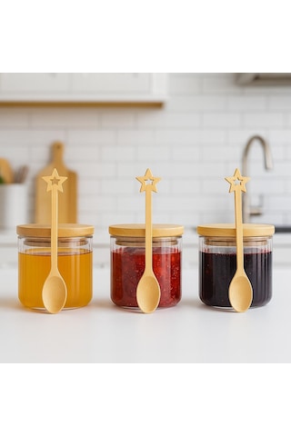 3 Lü Bambu Kasıklı Bambu Kapaklı Borosılıkat Cam Kahvaltılık 90 X 60 Seti Beyaz