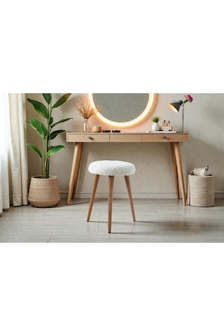Modern Ahşap Ayaklı Teddy Kumaş Tabure Makyaj Masası & Ayak Dinlendirme Elegant Krem krem