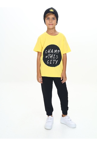 Toontoy Kids Toontoy Erkek Çocuk 2'li Takım Baskılı Bisiklet Yaka Kısa Kollu T-shirt & Beli Paçası Lastikli Cepli Jogger Eşofman Altı - Renk Bloklu & 2 İplik Sarı