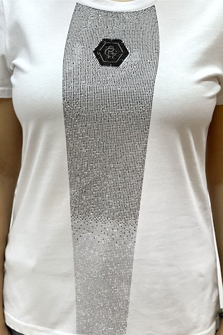 Rich Glam Bisiklet Yaka Crystal Taşlı Büyük Beden Plus Size Pamuk Şık Rahat Siyah Kadın T-shirt Beyaz