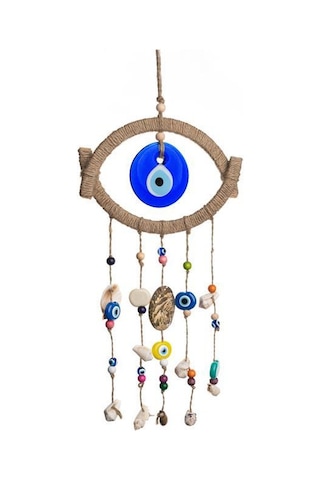 Nazar Boncuklu Hasır Deniz Kabuklu Kötü Göz Kovucu Duvar Süsü Rüz Mavi