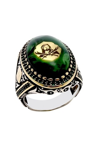 Hz. Ali Ve Zülfikar Motifli Sıkma Kehribarlı Gümüş Erkek Yüzük