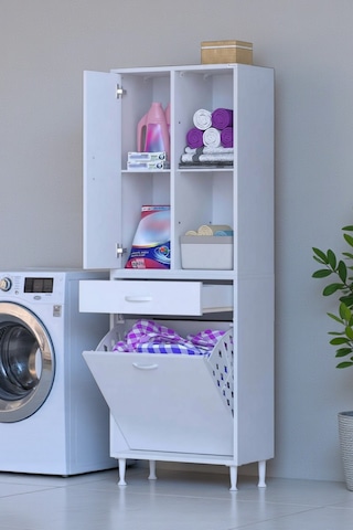 Eliusta Liora Beyaz Çok Amaçlı Banyo Dolabı 65 Cm Genişliğe Sahip 65x171x32,5 Cm Tek Sepetli 2 Raflı Dolap Beyaz