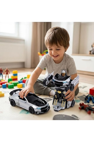 2'si 1 Arada Robota Dönüşen Spor Araba - Gri Yarış Arabası Otomatik Dönüşüm Özellikli Oyuncak Robot Çok Renkli