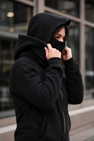 Velmora Fashion Kadın Maskeli Ninja Model Çift Kapüşonlu 3 İplik Şardonlu Fermuarlı Oversize Sweatshirt - Siyah