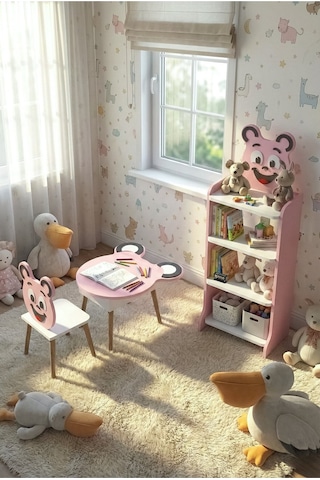 Çocuk Mobilya Seti Happy Face Masa Sandalye ve 4 Raflı Kitaplık Sevimli Figürlü Pembe