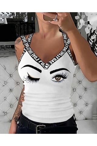 Ahes Shopping Kadın Çapraz Şeritli Göz Baskılı Viskon Bluz Beyaz