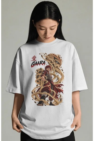 Unisex Oversize Gaara Naruto Anime Karakter Ön Baskılı Premium Ti Beyaz