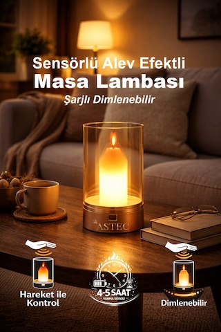 Astec Lüks Şarjlı El Hareketli Led Mum Masa Gece Lambası Dimlenebilir 3200k Gün Işığı Altın