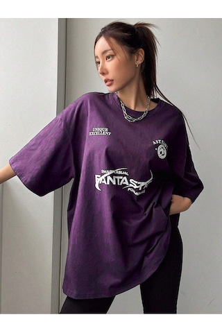 Fantastıc Süprem T-shirt -mor Baskılı Oversize Bisiklet Yaka Tişört Mor