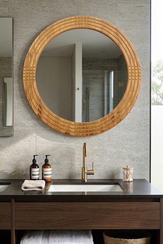 Safir Ahşap Dekoratif Ayna Yuvarlak Ayna Işlemeli Ahşap Duvar Aynası - 43 Cm Ceviz