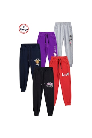 Fyk Kids 5'li Baskı Detaylı Paçası Lastikli Jogger Kız Çocuk Eşofman Altı Gri - Mor - Lacivert - Kırmızı - Siyah