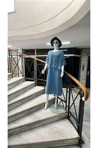Eren Style İtalyan Saçak Detaylı Müslin Keteni Yırtmaçlı Elbise - Bluz & 2'li Takım-9905 Koyu İndigo