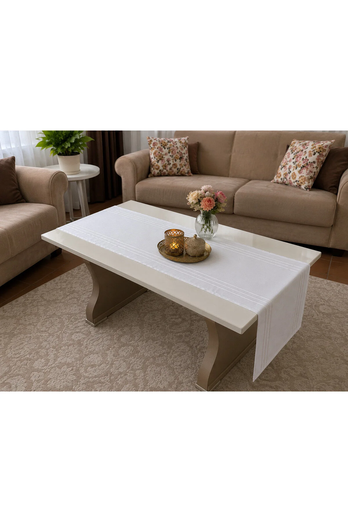 %100 Polyester Dertsiz Leke Tutmaz Şerit Desenli Runner Masa Örtüsü 34x200 Cm Beyaz