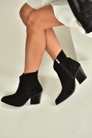 Fox Shoes V654081902 Siyah Hakiki Deri Süet Kalın Topuklu Western Kovboy Kadın Bot Siyah