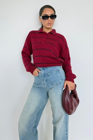 Madmext Bordo Çizgili Polo Yaka Kadın Triko Kazak Mg2470 Bordo
