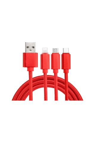 Reedark Kırmızı Nylon Örgülü 3'ü 1 Usb Kablosu - Lightning/type-c/micro Usb Bağlantıları İle 2a Hızlı Şarj