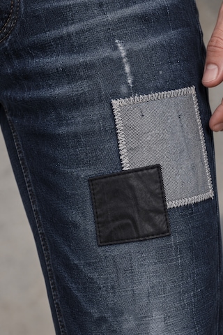Cedy Denim Cedy Denım Erkek Slim Fit Deri & Denim Yama Detaylı Yırtıklı Jean Pantolon Vintage Eskitme Tasarım Kot Ct1220-lacivert Lacıvert
