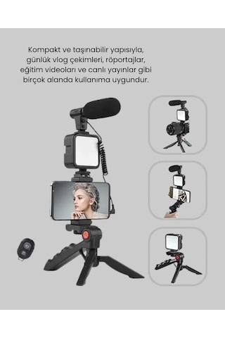 Video Çekim Kiti Tripod Led Işık Harici Mikrofon Bluetooth Kumanda Seti