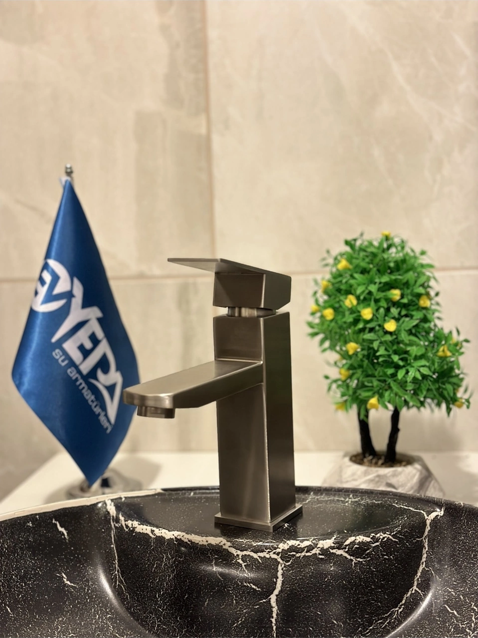 Evyepa Fleko Kare Inox Lavabo Bataryası Sıcak Soğuk Girişli, Pirinç Malzeme Inox