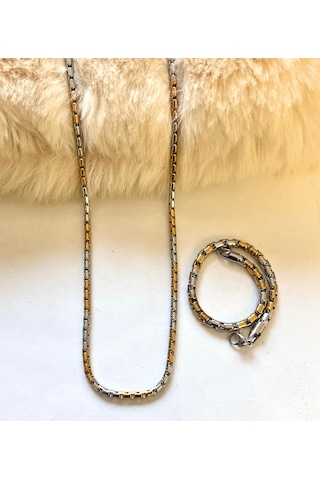 Gold&gümüş Mixli 1.sınıf Örme Çelik Unisex Kolye Ve Bileklik Set