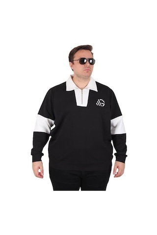 Starbattal Büyük Beden Polo Yaka Fermuarlı Sweat Double Face 25709 Sıyah Siyah