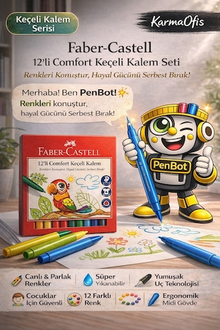 Comfort 12 Li Keçeli Kalem Seti Yıkanabilir, Canlı Renkler, Çocuklar İçin Güvenli Boyama Kalemi