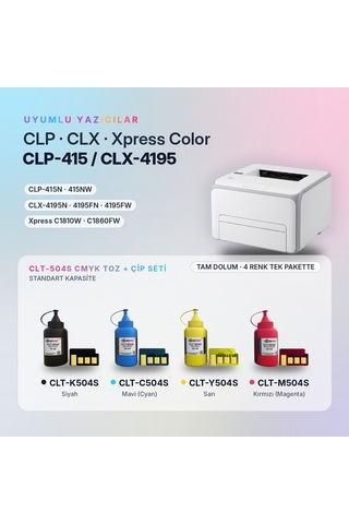 Samsung Uyumlu Clt-504s Toner Tozu + Çip Takım / Clp-415 / Clx-4195 / Xpress C1810 / C1860 / Clt-k504s / Clt-c504s / Clt-m504s / Clt-y504s