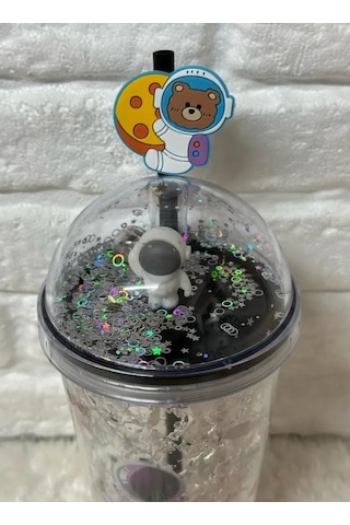 Pipetli Bardak Matara Sevimli Suluk 450 Ml Çift Astronot Figürlü Gri